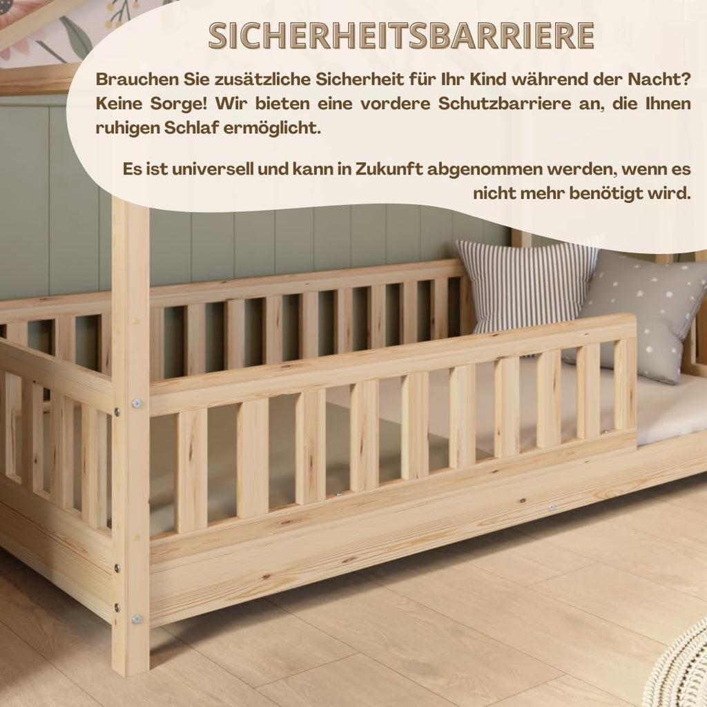 Crazy Pine Hausbett 140x200 cm – Kinderbett aus Naturholz mit Rausfallschutz – Montessori Bodenbett mit Höhenverstellbaren Beinen und Abnehmbarer Barriere - Crazy House