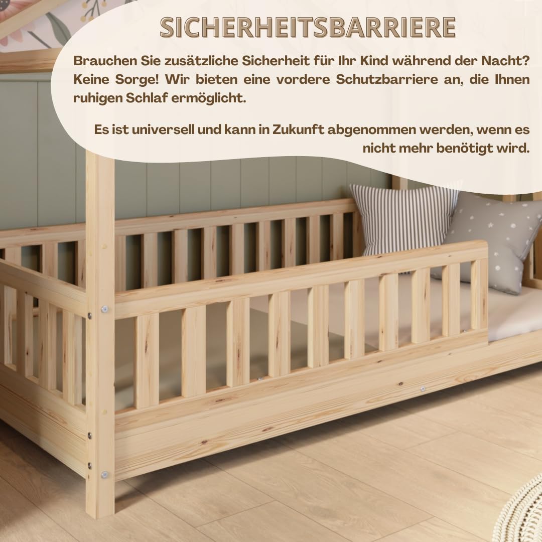Crazy Pine Hausbett 140x200 cm – Kinderbett aus Naturholz mit Rausfallschutz – Montessori Bodenbett mit Höhenverstellbaren Beinen und Abnehmbarer Barriere - Crazy House