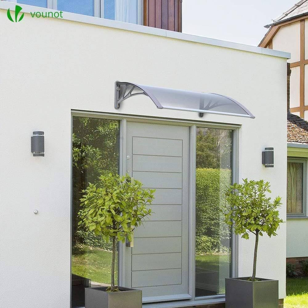 VOUNOT Vordach für Haustür 100 x 80 cm, Überdachung Haustür aus Aluminium und Polycarbonat, Transparentes Pultbogenvordach, Pultvordach, Grau