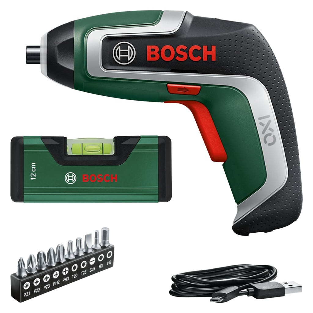 Bosch Akkuschrauber IXO Wasserwaagen-Set (7. Generation; 3,6V; 2,0Ah; 5,5Nm; Set inkl. Mini-Wasserwaage, mit Mikro-USB-Kabel; schraubt bis zu 190 Schrauben; im Karton)