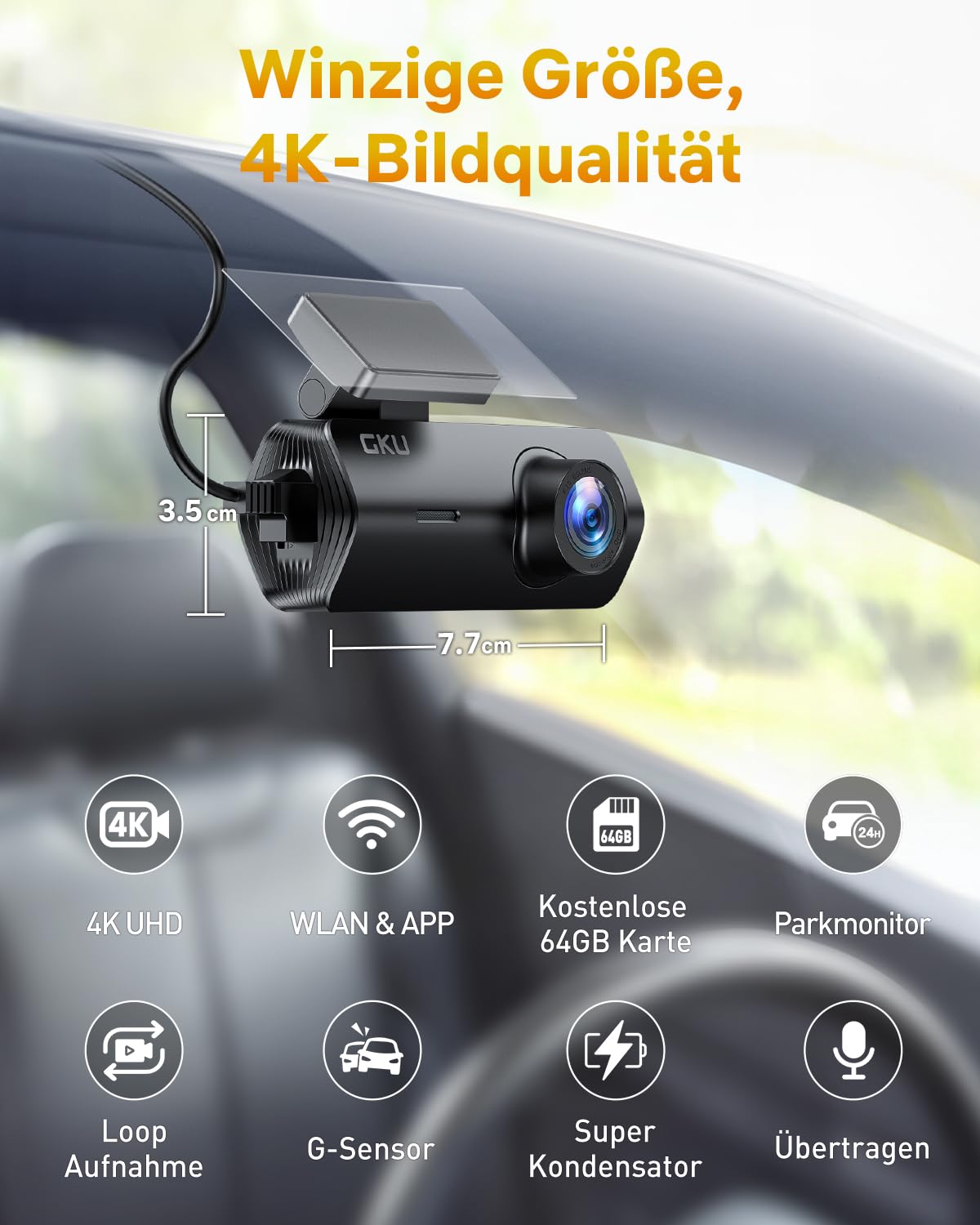 GKU 4K Dashcam Auto,dashcam Auto vorne, Auto Kamera mit integriertem WLAN,170° Weitwinkel,Nachtsicht,WDR,24H Parküberwachung,Loop-Aufnahme,G-Sensor,Dash cam Vorne inklusive 64GB SD Karte