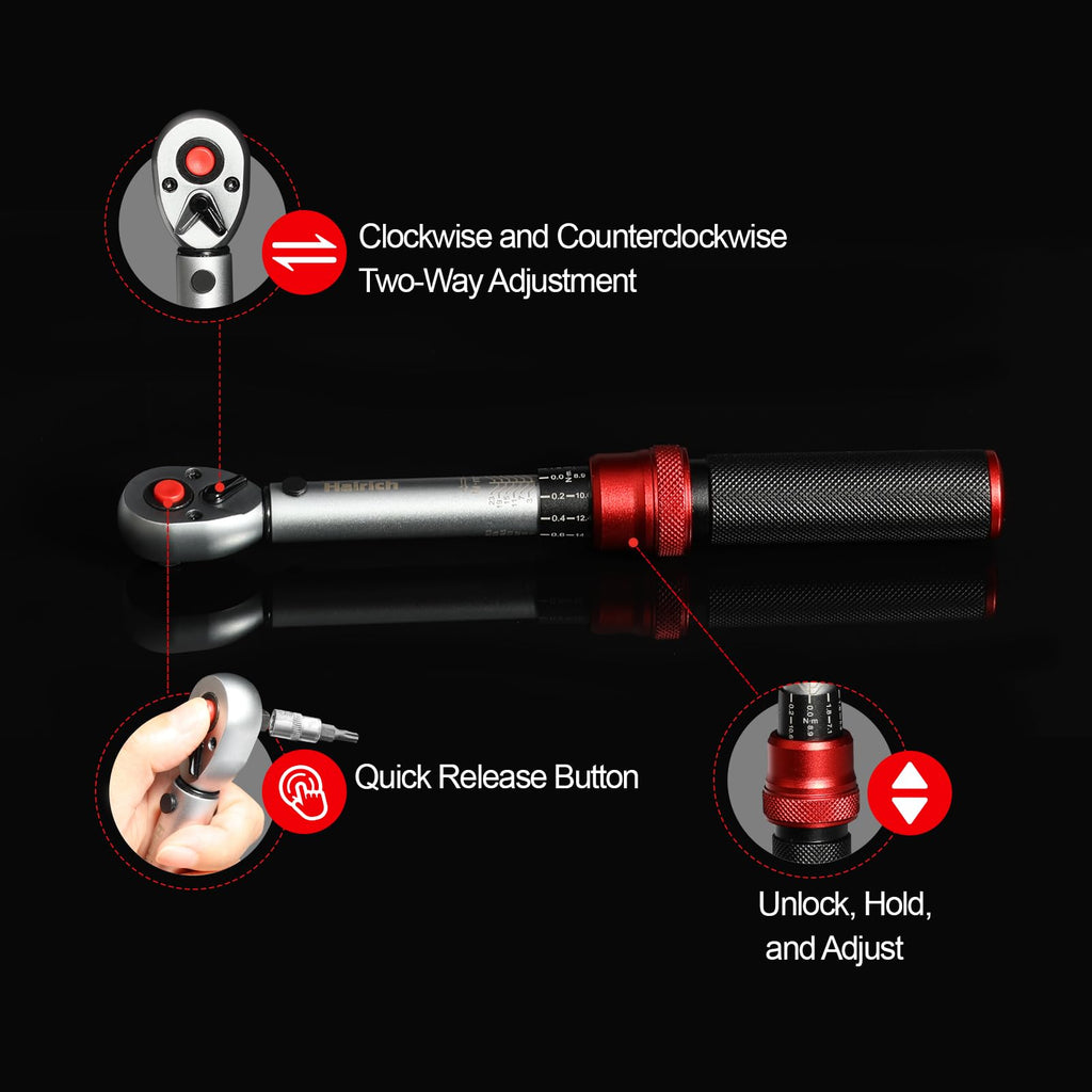 Hairich Drehmomentschlüssel Fahrrad 1/4 Zoll, 1-25Nm, 13-Teiliges Klein Torque Wrench Set, 72 Zähne Umschaltknarre, Ratschenkasten inkl. 10 cm Verlängerungsstange, Innensechskant und Torx Bits