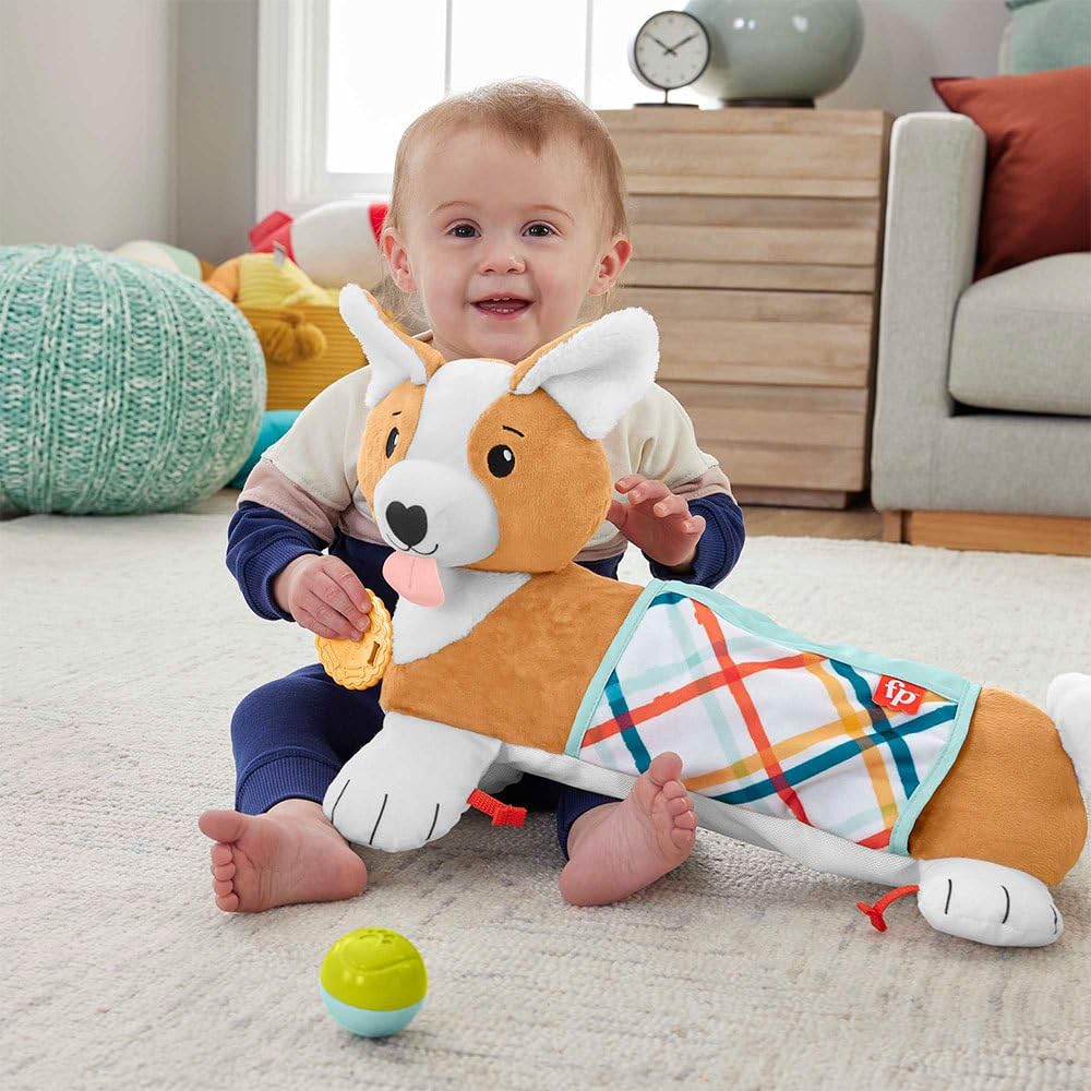 Fisher-Price Baby-Spielzeug zum Spielen in der Bauchlage, 3-in-1 Hündchen Spielkissen mit BPA-freiem Beißring, Rassel und Spiegel-Spielzeug