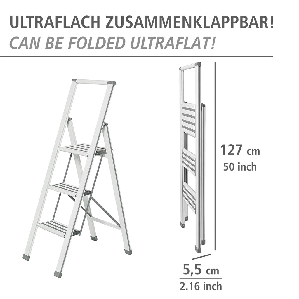 WENKO Leichte Aluminium Trittleiter mit 3 Stufen für 75 cm höheren Stand, rutschsichere XXL-Stufen, Design Klapptrittleiter, TÜV Süd Zertifiziert, 44 x 127 x 5,5 cm, Weiß
