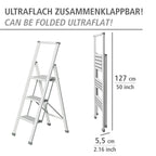 WENKO Leichte Aluminium Trittleiter mit 3 Stufen für 75 cm höheren Stand, rutschsichere XXL-Stufen, Design Klapptrittleiter, TÜV Süd Zertifiziert, 44 x 127 x 5,5 cm, Weiß
