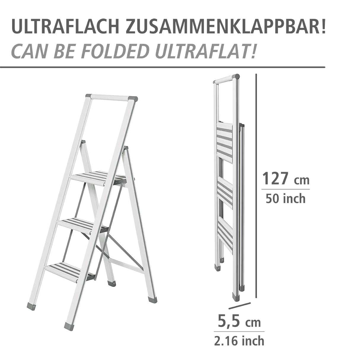 WENKO Leichte Aluminium Trittleiter mit 3 Stufen für 75 cm höheren Stand, rutschsichere XXL-Stufen, Design Klapptrittleiter, TÜV Süd Zertifiziert, 44 x 127 x 5,5 cm, Weiß