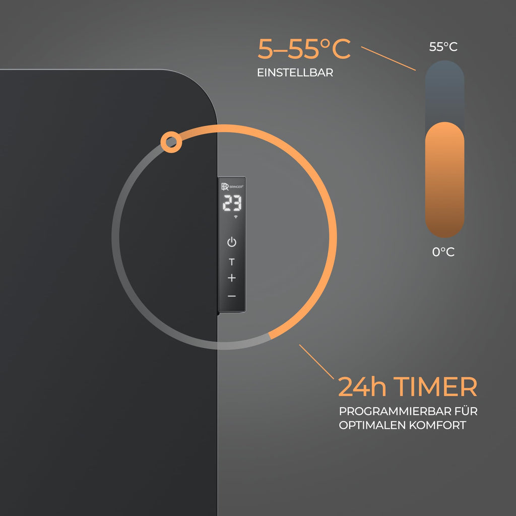 BR Bringer Infrarotheizung 750 Watt mit Smart Thermostat, WIFI & App - für Wandmontage oder als Standgerät für kleinere Räume bis 15m² - sehr Energiesparend - Deutsche Qualitätsmarke (weiß)