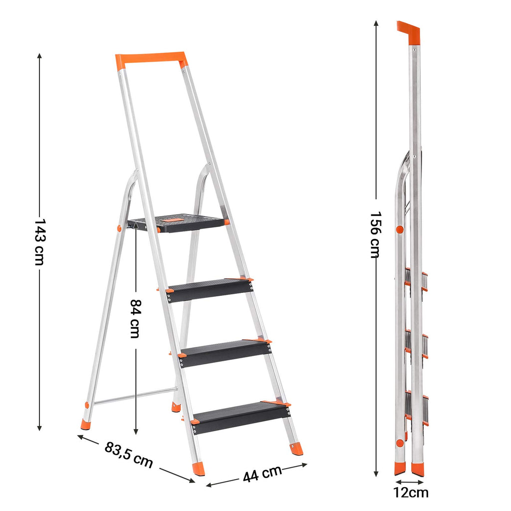 SONGMICS Leiter mit 4 Stufen, Aluleiter, 12 cm breite Stufen mit Riffelung, Anti-Rutsch-Füße, mit Handlauf, Werkzeugschale, bis 150 kg belastbar, schwarz-orange GLT04BK