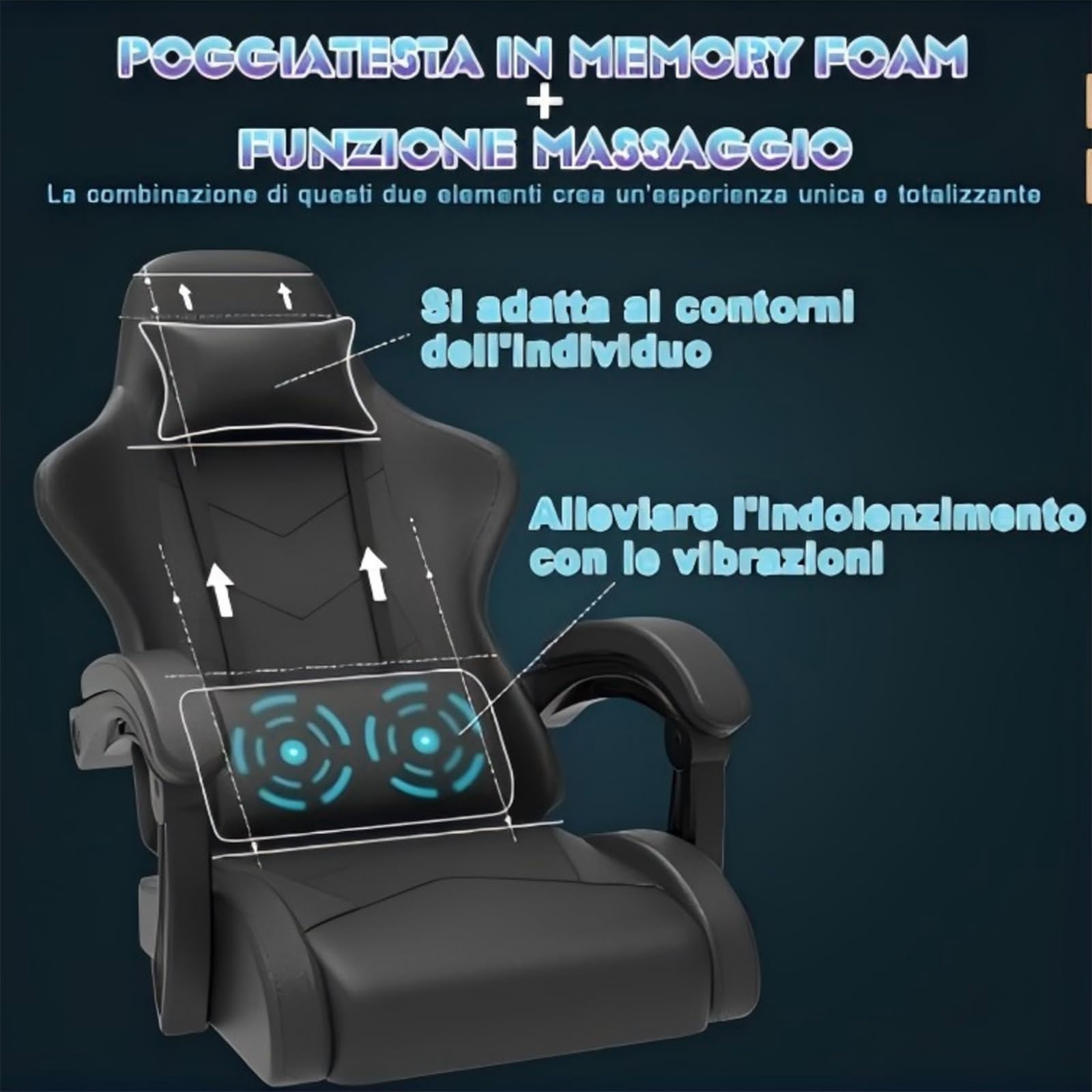 JUMMICO Gaming Stuhl Massage, Bürostuhl Ergonomisch Mit Massage-Lendenkissen, Gamer Stuhl verstellbare Rückenlehne 90-135°,und fußstütze, Gamingstuhl 150 kg belastbarkeit, Schwarz