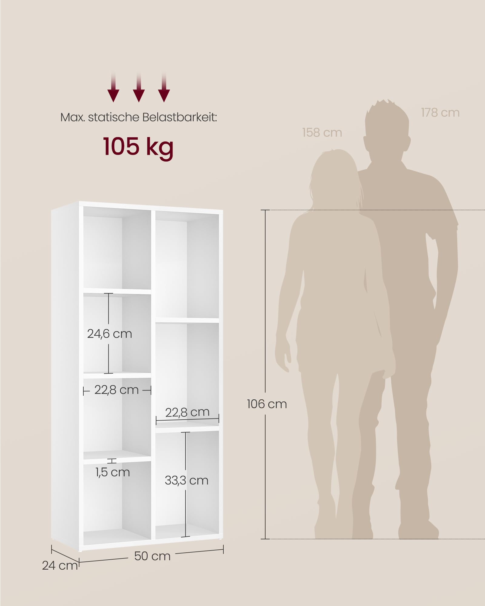 VASAGLE Bücherschrank, Bücherregal, mit 7 Fächern, Büroregal, Würfelregal, Standregal, für Wohnzimmer, Schlafzimmer, Büro, Kinderzimmer, weiß LBC27WT