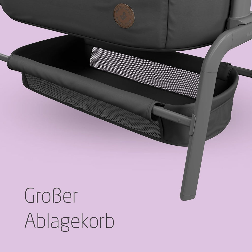 Maxi-Cosi Iora Beistellbett Baby, Faltbares Co-Sleeper, 0–6 Monate, max. 9 kg, 4 Neigungs- und 5 Höhenstufen, Leichtes Schieben, Bequeme Matratze, Großer Korb, Leicht zu Tragen, Essential Graphite