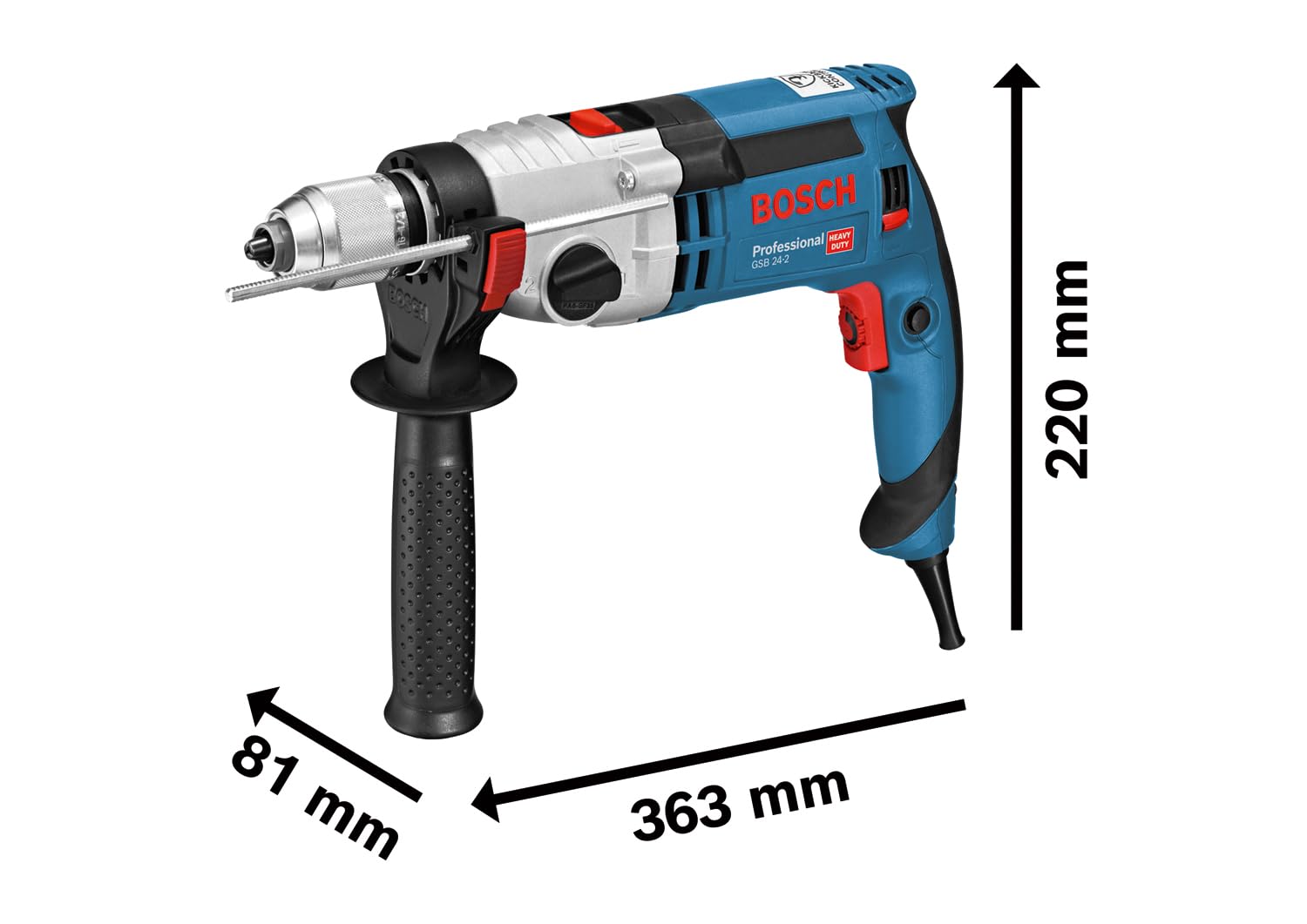 Bosch Professional Schlagbohrmaschine GSB 24-2 (Leistung 1100 Watt, Max. Drehmoment: 40/14,5 Nm, inkl. Schnellspannbohrfutter, Zusatzhandgriff, Tiefenanschlag, L-Case)