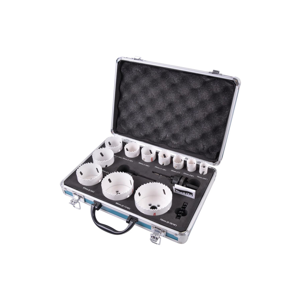 Makita D-47298 BiM-Lochsägen-Set 14-teilig im Alukoffer, Bi-Metall Lochsägen Ø 19-75 mm, Schnitttiefe 38 mm, für Holz, Metall Aluminium, Kunststoff