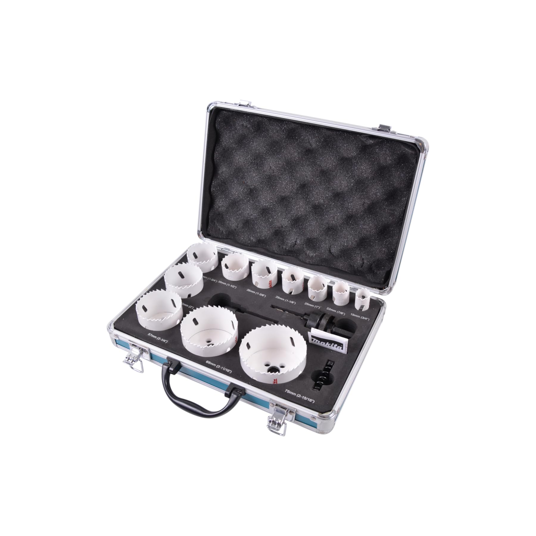 Makita D-47298 BiM-Lochsägen-Set 14-teilig im Alukoffer, Bi-Metall Lochsägen Ø 19-75 mm, Schnitttiefe 38 mm, für Holz, Metall Aluminium, Kunststoff