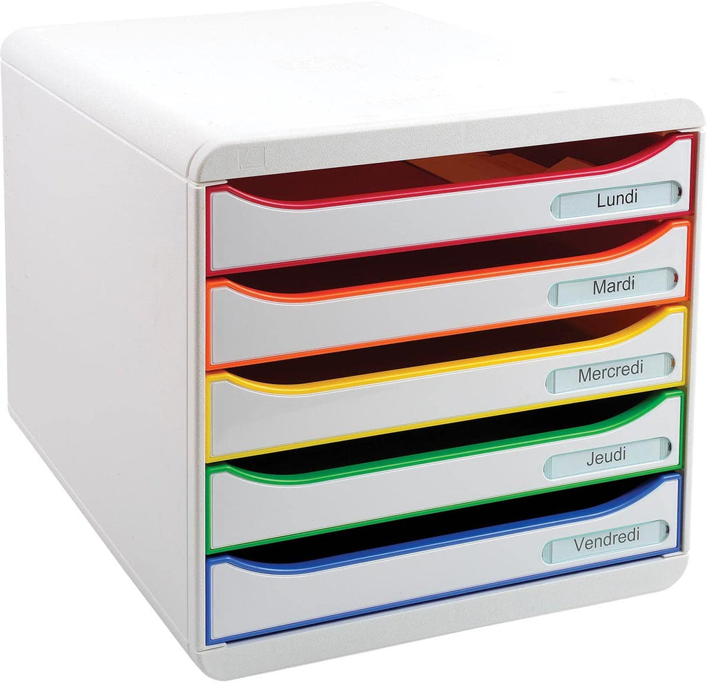 Exacompta 309913D Premium Ablagebox mit 5 Schubladen für DIN A4+ Dokumente. Stapelbare Schubladenbox mit hoher Kapazität für mehr Platz auf dem Schreibtisch Big Box Plus Black Office Weiß-Bunt