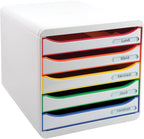 Exacompta 309913D Premium Ablagebox mit 5 Schubladen für DIN A4+ Dokumente. Stapelbare Schubladenbox mit hoher Kapazität für mehr Platz auf dem Schreibtisch Big Box Plus Black Office Weiß-Bunt