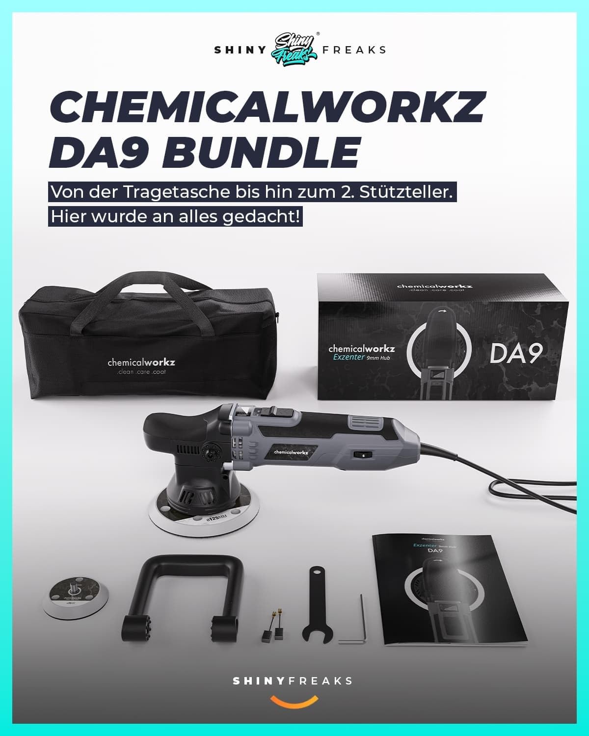 Poliermaschinen Set: chemicalworkz DA9 Exzenter Poliermaschine + Sonax Politur Set + Royal Pads Premium Polierpads + Dr. Wack Versiegelung für Lack + Zubehör | 20-teilig