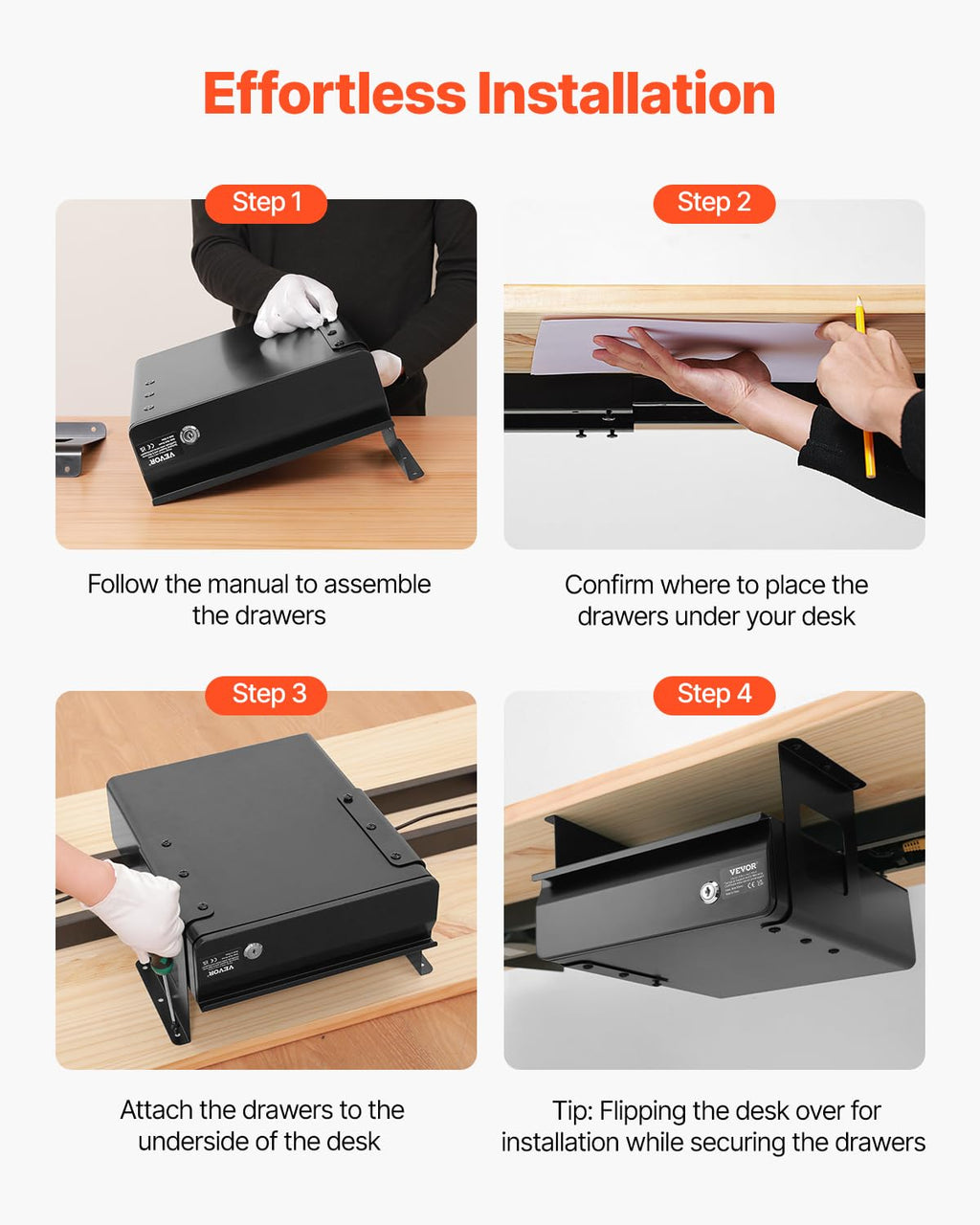 VEVOR Untertisch Schublade 365x335x185 mm, Unterbau Schreibtisch, versteckter Schreibtisch-Aufbewahrungs-Organizer, abschließbare Bleistiftschublade unter dem Tisch für Sitz-Steh-Arbeitsplätze