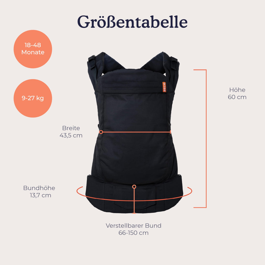 Beco Toddler Babytrage & Kindertrage (9-27 kg) - 100% Baumwoll Trage Kleinkind, Leicht & Atmungsaktiv, Hüftfreundlich mit 2 Tragepositionen: Bauchtrage & Rückentrage (Schwarz)