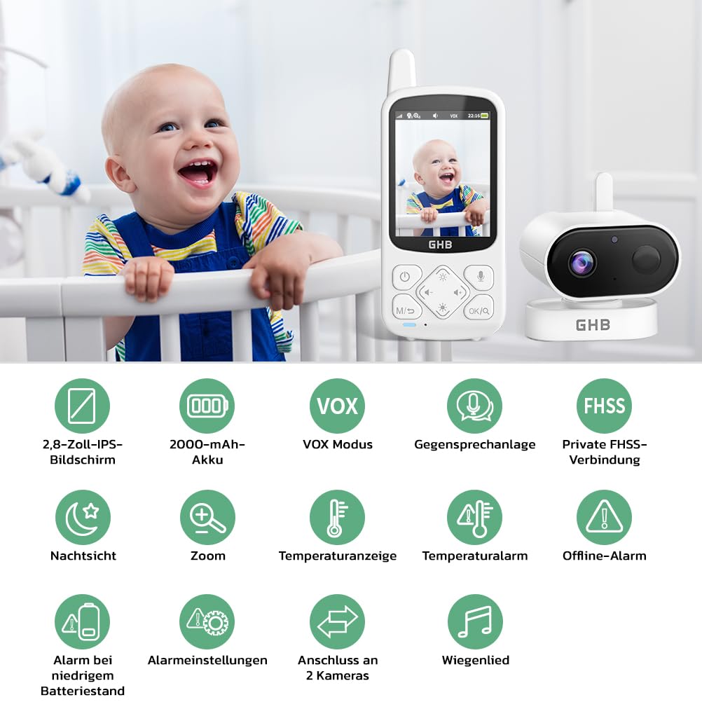 GHB Babyphone mit Kamera Baby Monitor 720P HD Zoom 2000mAh Akku 8 Schlafliedermit VOX Modus Nachtsicht