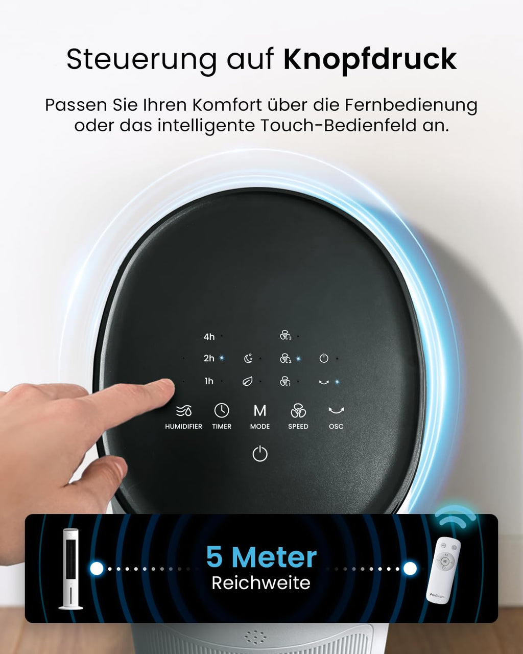 Pro Breeze OmniAir 5L Mobiler Luftkühler - Turmventilator mit Fernbedienung, 3 Gebläsestufen, 4 Modi, Auto 75° Oszillation, 7-Stunden-Timer - Klimagerät mobil ohne Abluftschlauch für Zuhause & Büro