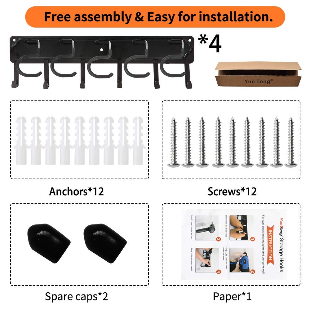YueTong 172,7 cm Gartenwerkzeug-Organizer aus Metall, verstellbare Garagen-Wand-Organizer und Aufbewahrung, robuste Wandhalterung mit Haken für Besen, Rechen, Mop, Schaufel (4 Stück)