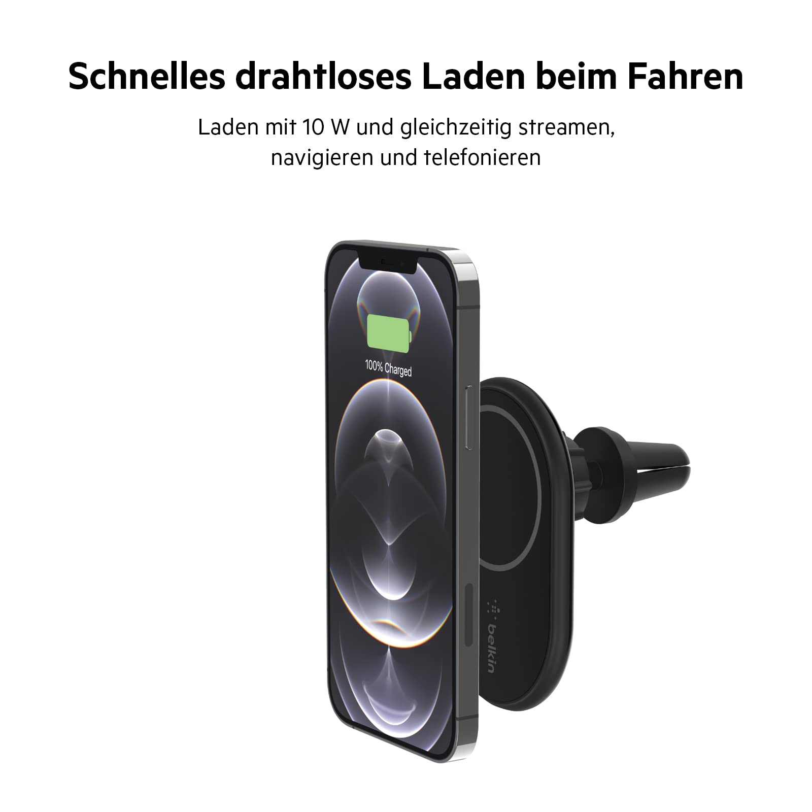 Belkin BoostCharge drahtloser magnetischer Kfz-Telefon-Halter, Kfz ladegerät compatibel mit MagSafe-fähigem iPhone 17, Air, 16, 15, 14, 13, 12, Pixelsnap (inkl. Kabel und Ladegerät)
