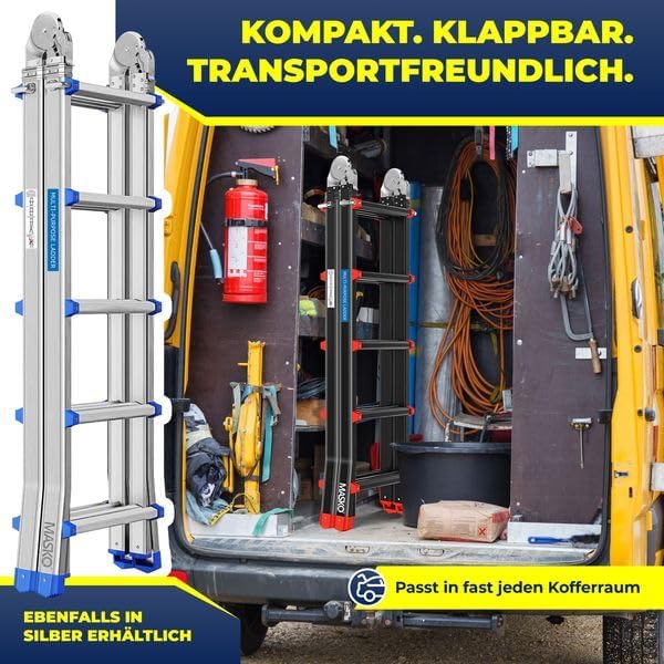 MASKO Aluminium 6in1 Mehrzweckleiter – 20 Sprossen | - 520 cm | 150 Kg, ausziehbar, rutschfest, Multifunktional, Gelenkleiter, Anlegeleiter, Klappleiter, beidseitige Steh- und Treppenleiter | Schwarz