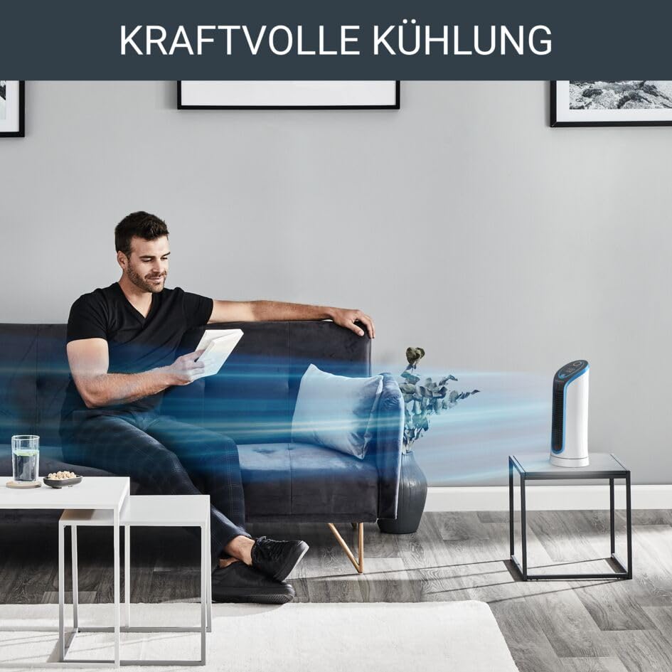 Rowenta VU6210 Eole Compact Turmventilator | 3D-Luftstromtechnologie | Optimale Kontrolle | einfacher Transport | passt in jedes Ambiente, Weiß/Schwarz | Turm-Tischventilator | 44cm hoch