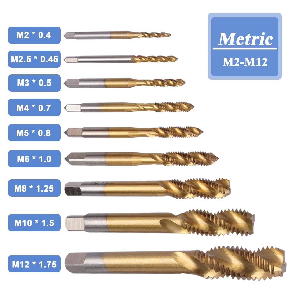 Mesee 9 Stück Spiralnuten-Gewindebohrer-Set, Titanbeschichtet, HSS metrisches Gewindebohrer, Bohrer, Gewindebohrer, Gewindebohrer, Gewindebohrer, M2, M2,5, M3, M4, M5, M6, M8, M10, M12