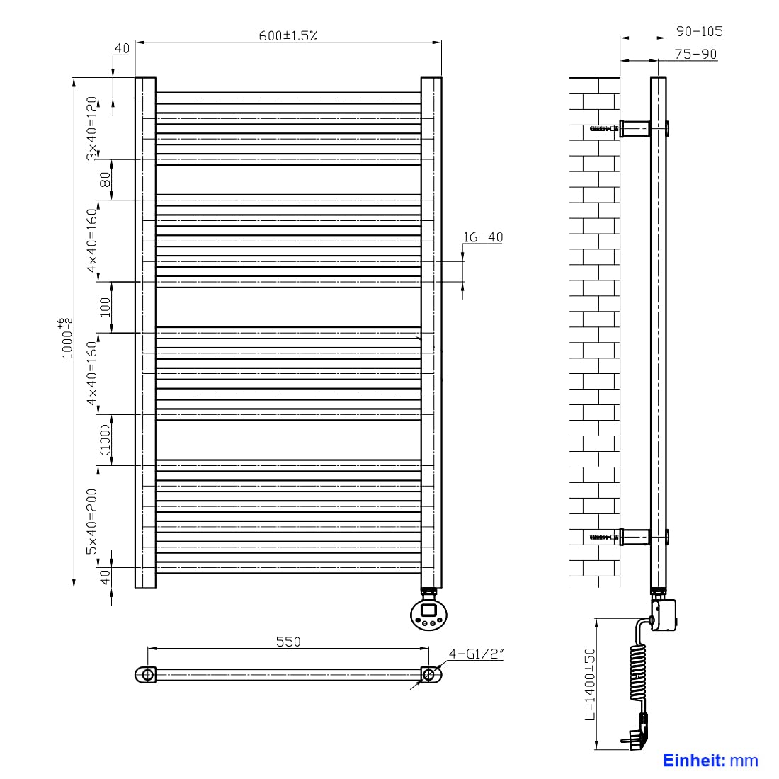 Heilmetz Badheizkörper Elektrisch 100x60cm Handtuchwärmer mit Digitalem Thermostat mit Timer-Funktion Gerade Handtuchtrockner Anthrazit 500W