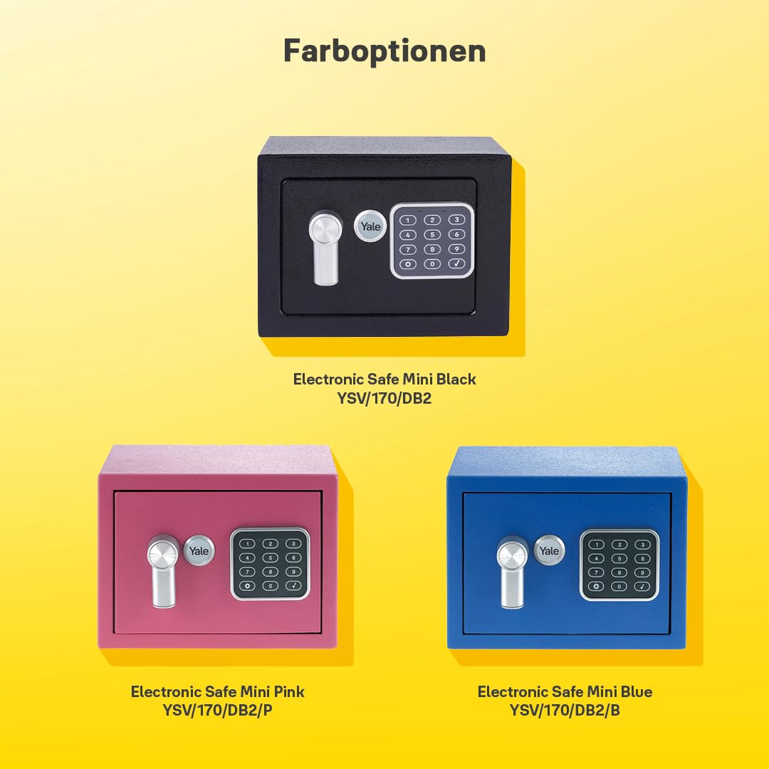 Yale Elektronischer Safe YSV/170/DB2, 3–8-stelliger PIN-Code, Anti-Bumping-Schloss, Auto-Sperre, LED-Indikatoren, gepolsterter Innenraum, Wand/Boden-Montage, Maße 170×230×170 mm, Volumen 3,8 L