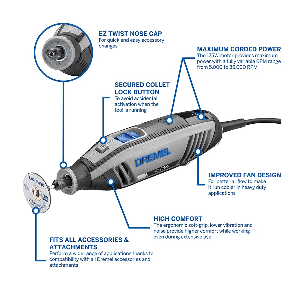 Dremel 4250 Rotationswerkzeug 175 W, Multifunktionswerkzeug-Set mit 3 Vorsatzgeräten und 45 Zubehören, 175-W-Motor mit Konstantelektronik, variable Drehzahl 5.000-35.000 1/min