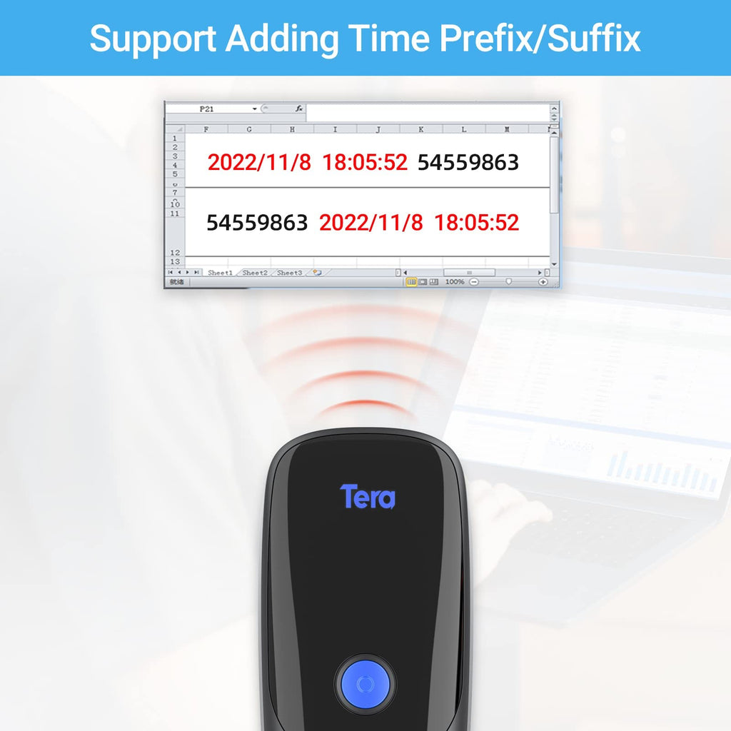 Tera Pro Series 2D QR 3-in-1 Portable Mini Barcode Scanner Bluetooth & USB Cable & 2.4G Wireless with Time Prefix/Suffix, 1200 mAh Better Efficiency, Model 1300 Blue