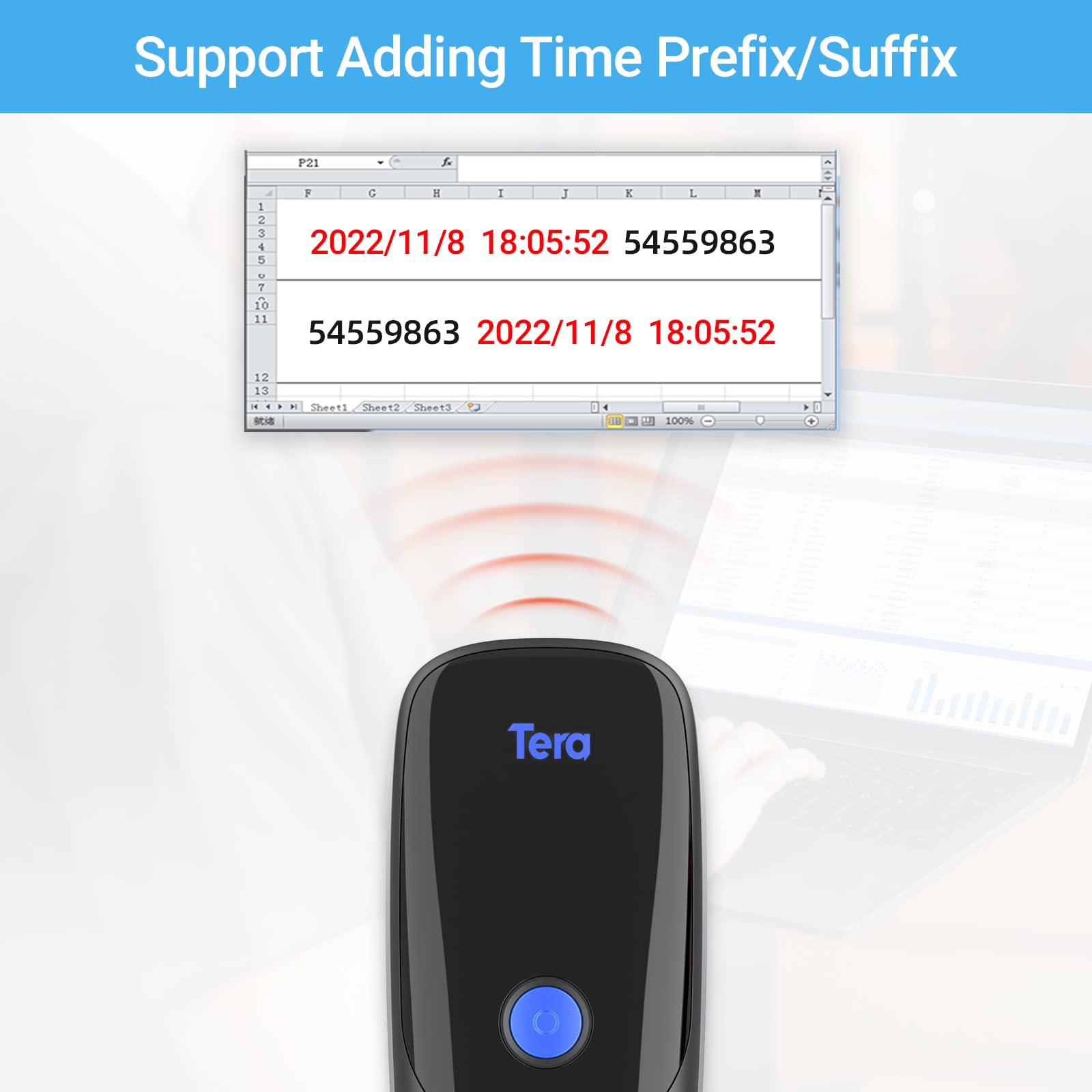 Tera Pro Series 2D QR 3-in-1 Portable Mini Barcode Scanner Bluetooth & USB Cable & 2.4G Wireless with Time Prefix/Suffix, 1200 mAh Better Efficiency, Model 1300 Blue