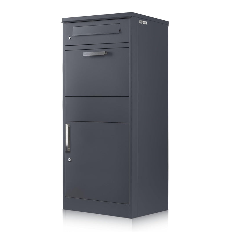 Zelsius Briefkasten mit Paketfach Neptun | pulverbeschichteter Stahl mit Edelstahl Elementen | RAL7016 Anthrazit | integrierte Rückholsperre | Bodenmontage | Paketbriefkasten, Paketbox, Parcel Box