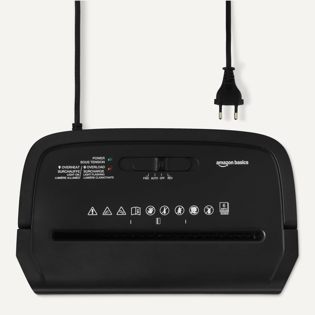 Amazon Basics 6-Blatt-Papierschredder mit Kreuzschnitt und Kreditkartenschredder, 14 l, schwarz
