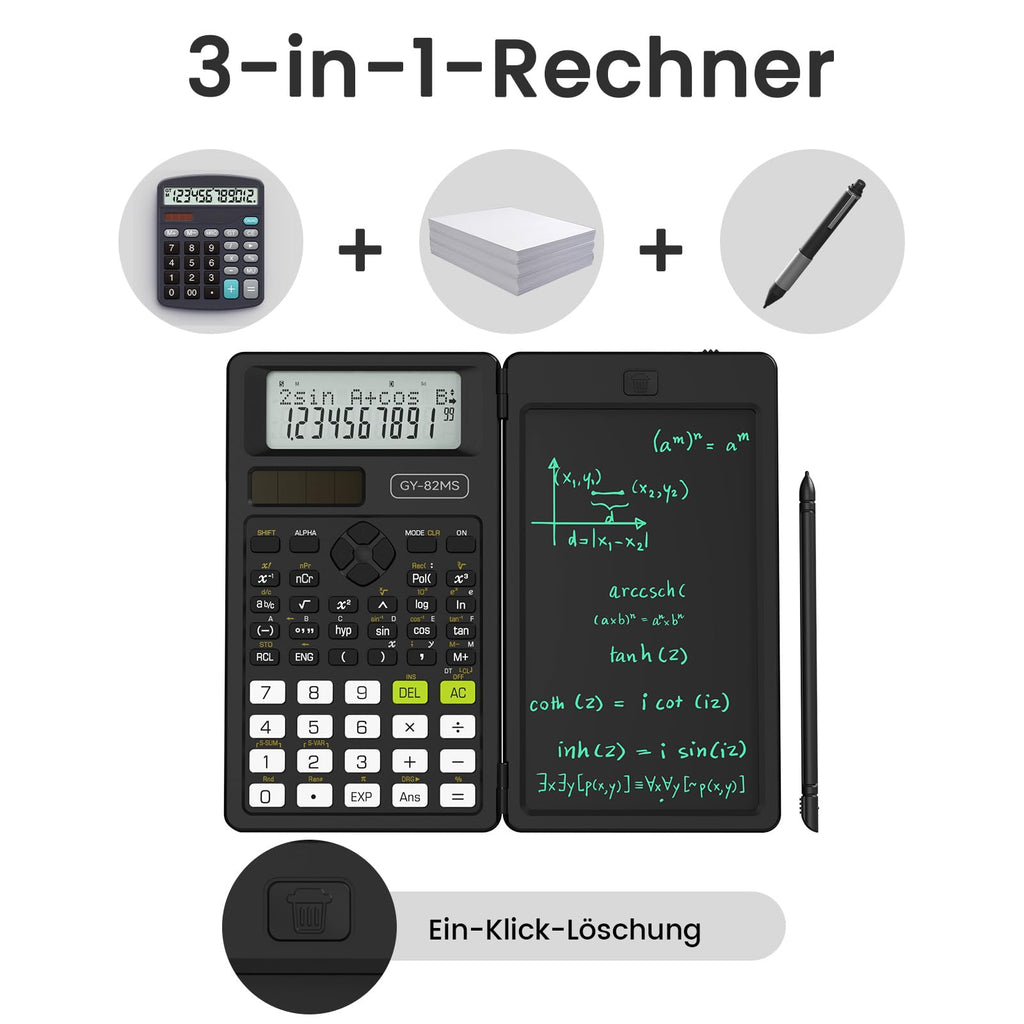 NEWYES Wissenschaftlicher Taschenrechner, 82MS Ingenieurrechner mit Schreibtablett und Stift, 240 Funktionen, 2-zeiliges Display, Mittel- und Oberschulbedarf, Schwarz