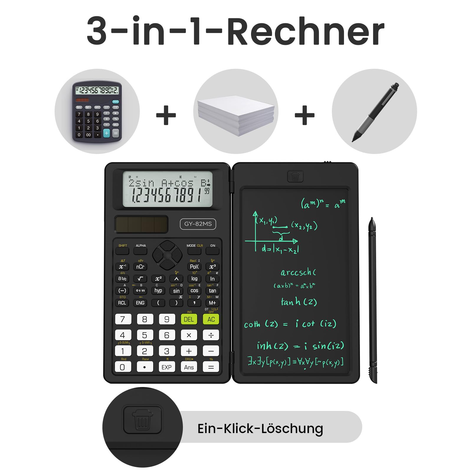 NEWYES Wissenschaftlicher Taschenrechner, 82MS Ingenieurrechner mit Schreibtablett und Stift, 240 Funktionen, 2-zeiliges Display, Mittel- und Oberschulbedarf, Schwarz