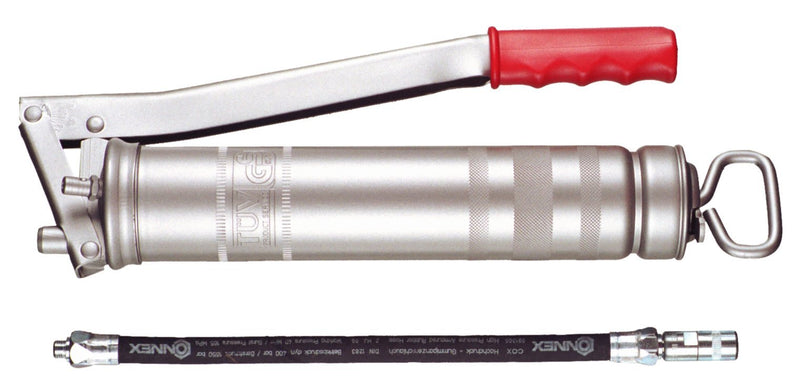 Connex Handhebelfettpresse mit Hochdruckschlauch - chromfarbig/rot - ergonomischer Handgriff - Füll-/Entlüftungsnippe - stufenlose Kolbenstangenfixierung/Fettpresse/Fettspritze / COX591300