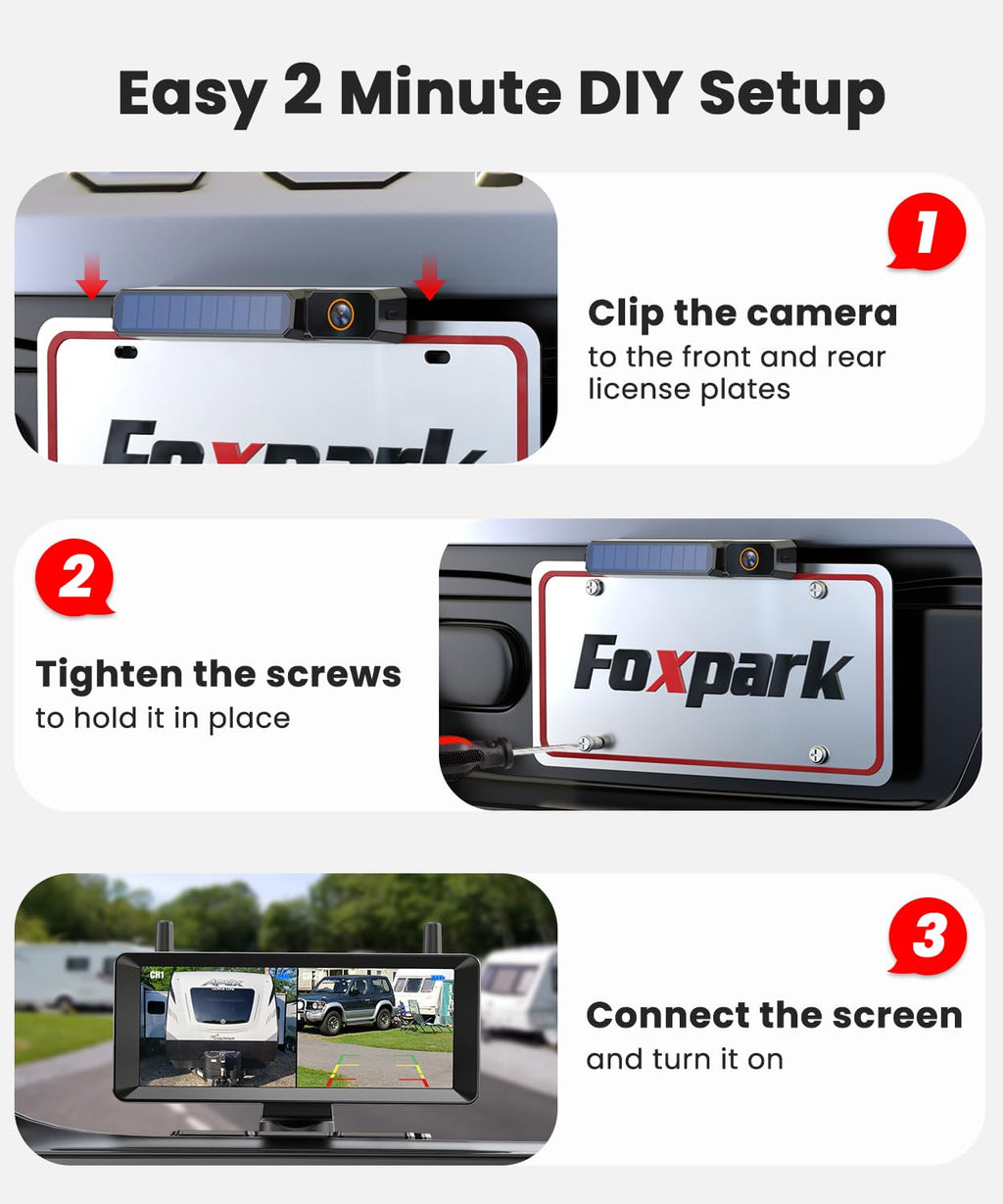 Solar Rückfahrkamera Kabellose 2-Kamera System: 2-Min Installation, 7,2“ 1080P HD Split-Screen Monitor mit Dual-Antennen, Stabile Signal, IP69K wasserdichte Rückfahrkameras für LKW, Wohnmobil, Camper