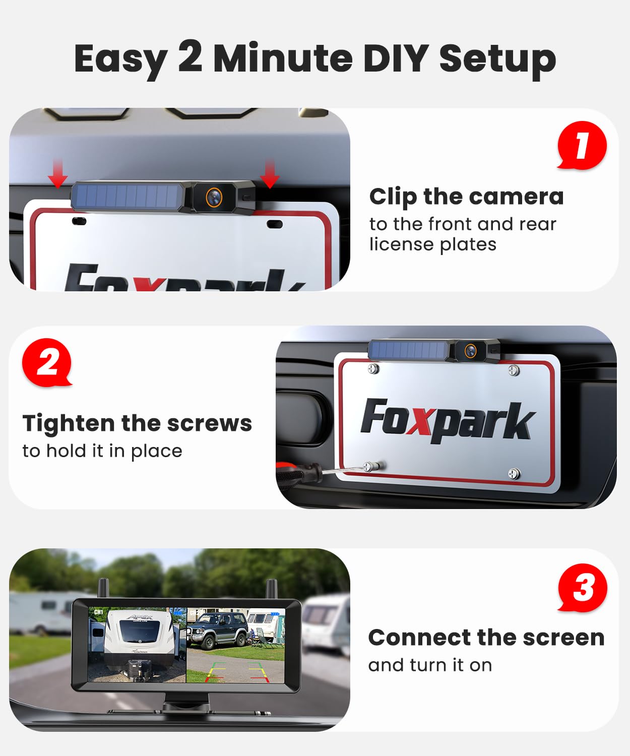 Solar Rückfahrkamera Kabellose 2-Kamera System: 2-Min Installation, 7,2“ 1080P HD Split-Screen Monitor mit Dual-Antennen, Stabile Signal, IP69K wasserdichte Rückfahrkameras für LKW, Wohnmobil, Camper