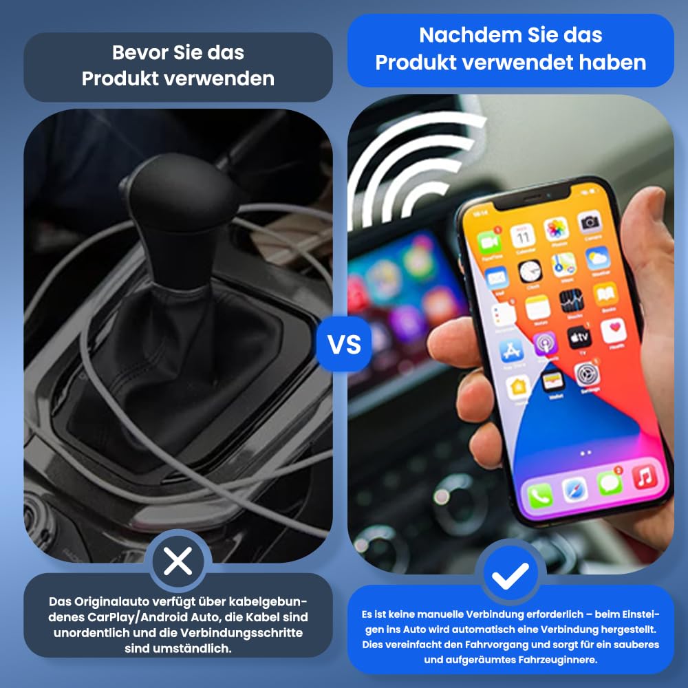 Carlinkit 2025 kabelloser CarPlay & Android Auto Adapter, Upgrade von kabelgebundener auf kabellose Verbindung, Plug & Play mit USB-A/Typ-C, Funktioniert mit iPhone iOS 10+ & Android 11.0+