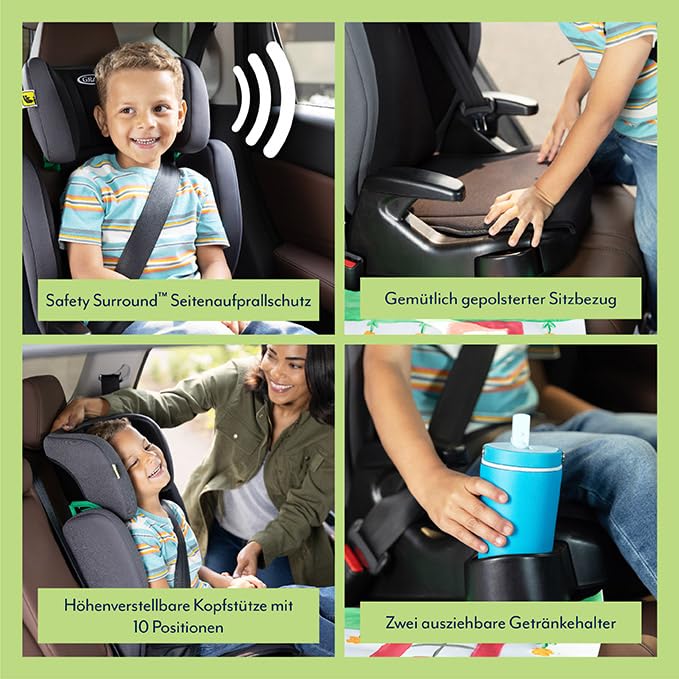 Graco Junior Maxi™ i-Size R129 Kindersitz, ca. 3,5 bis 12 Jahre (100 bis 150 cm), Kindersitzerhöhung, Armlehnen und Kopfstütze höhenverstellbar, leicht, mit Getränkehalter, schwarz, Midnight