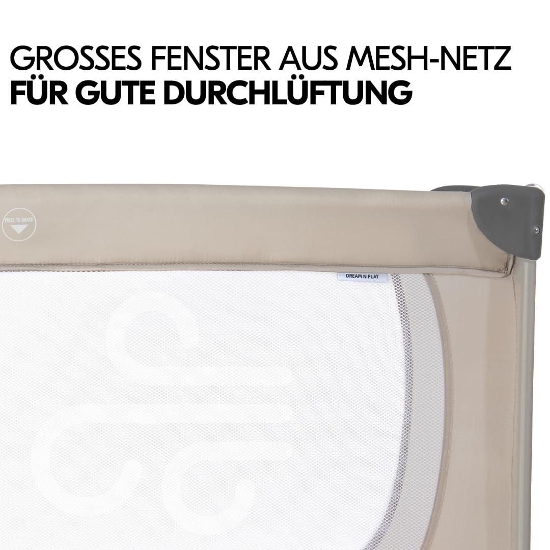 hauck Baby Reisebett Set Dream N Play mit extra Alvi Komfort Matratze und Moskitonetz - faltbares Kinder Babyreisebett mit Tasche - Beige