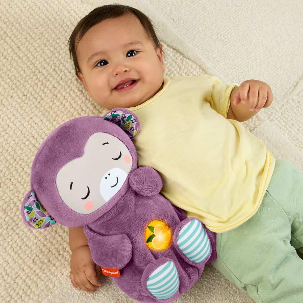 Fisher-Price Baby-Spielzeug Lila Schlummer-Affe, tragbare Plüsch-Spieluhr mit Atembewegungen und Lichtern für Neugeborene ab einem Alter von 0 Monaten, JLH41