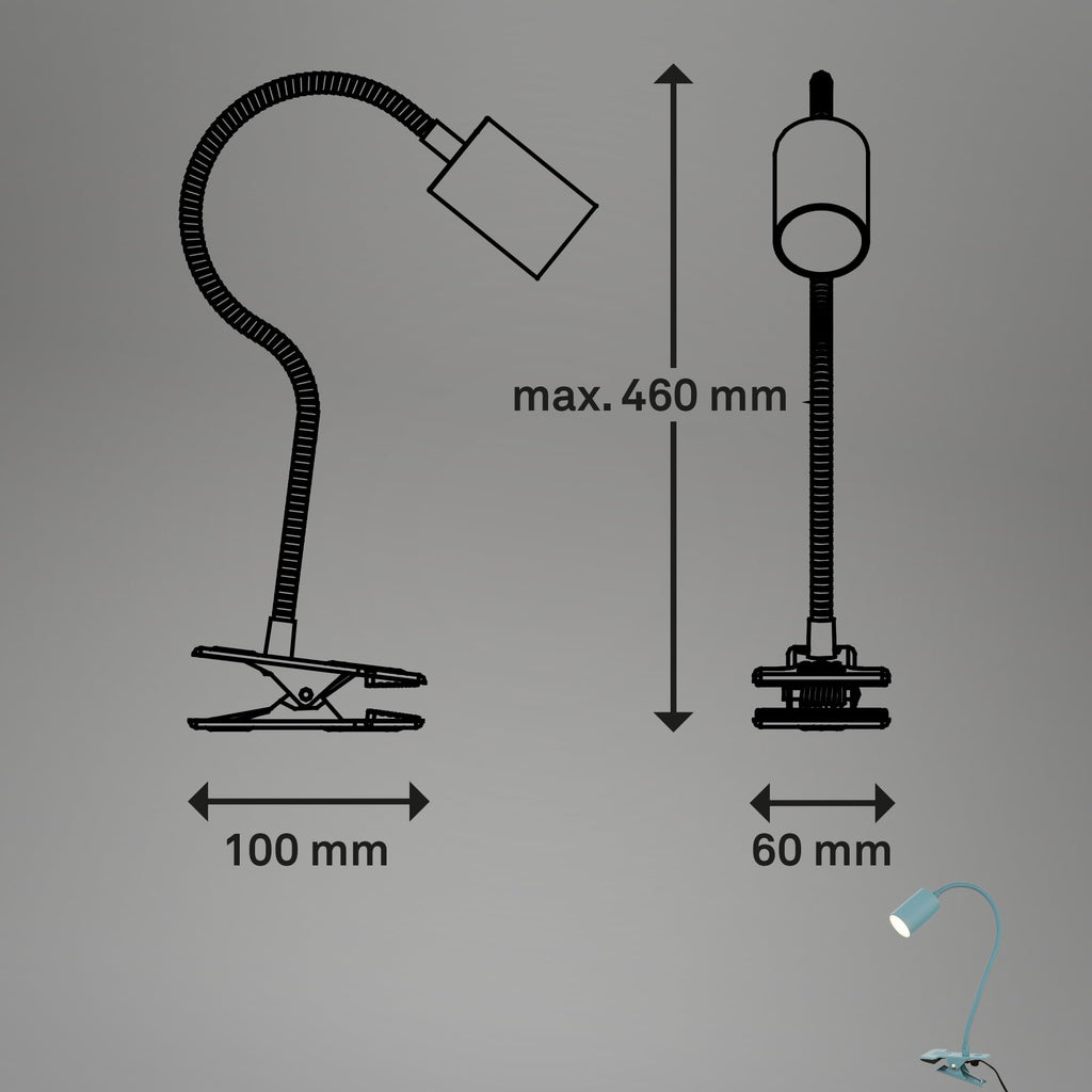 BRILONER - Schreibtischlampe mit Kabelschalter, Warmweiße Lichtfarbe, schwenkbar, Stecker, Leselampe, Klemmlampe, Klemmleuchte, Nachttischlampe, Leselicht Kinder, Bürolampe, 40cm hoch, Blau