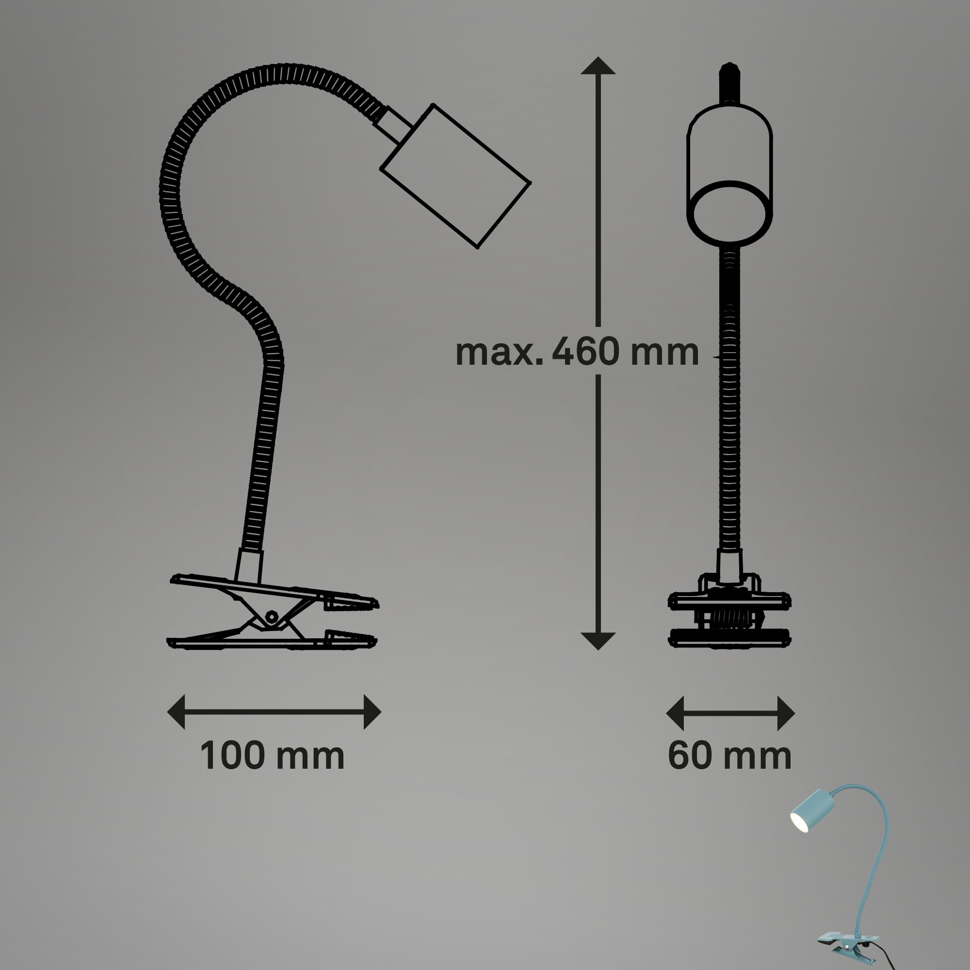 BRILONER - Schreibtischlampe mit Kabelschalter, Warmweiße Lichtfarbe, schwenkbar, Stecker, Leselampe, Klemmlampe, Klemmleuchte, Nachttischlampe, Leselicht Kinder, Bürolampe, 40cm hoch, Blau