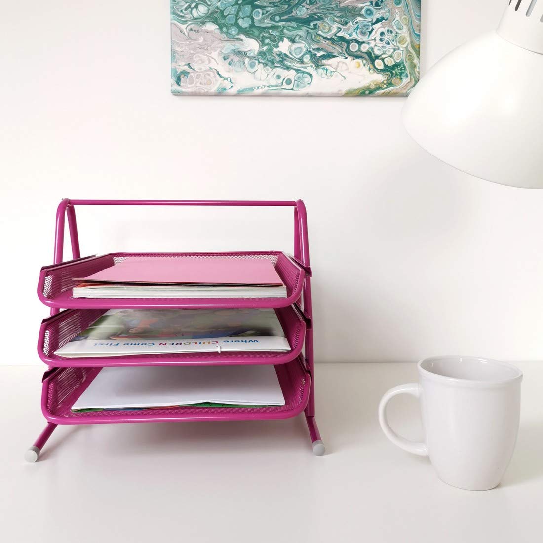 Leviatan Metall Ablage Ablagefächer | Büro Organizer Schreibtisch | Schubladen für Dokumente | 3 Schubfächer Briefablage Dokumentenablage A4 Organizer Mesh | Rosa
