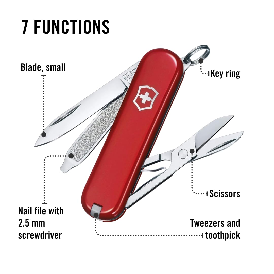 Victorinox Schweizer Taschenmesser, Klein, Classic SD, Multitool, Swiss Army Knife, Geschenk, 7 Funktionen, Klinge, Nagelfeile, Rot